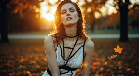 Beautiful young woman in white dress posing in autumn park at sunset.の素材