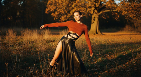 Beautiful young woman in a long black skirt and a knitted sweater dancing in the autumn parkの素材