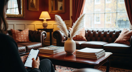 Woman reading a book in the living room. The girl is sitting at the table and reading a book.の素材
