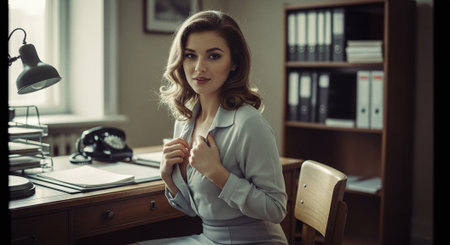beautiful businesswoman sitting at table and looking at camera in officeの素材