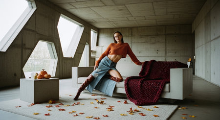 Beautiful girl in a warm sweater and blue jeans sits on a sofa in the interior of the atticの素材