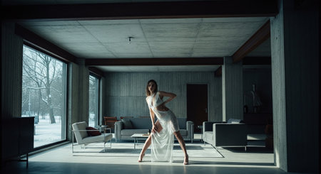Beautiful sexy lady in elegant white dress posing in luxury apartment. Portrait of fashion model girl indoors. Luxury lifestyle.の素材