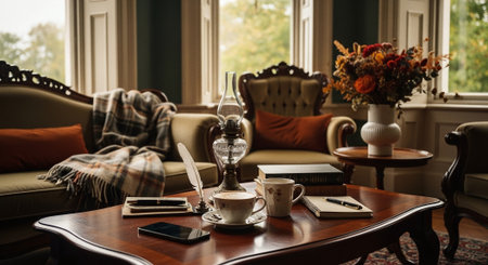 Interior of a living room with a cup of coffee and a bookの素材