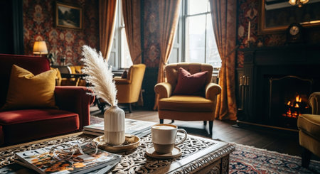 Luxury interior of a living room with a fireplace, armchairs and a coffee cupの素材