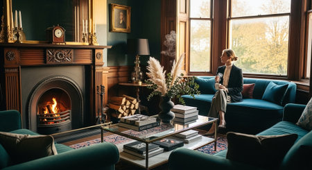 Retro woman in classic interior with fireplace, sofa and armchair.の素材