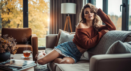 Beautiful young woman is sitting on the sofa in the living room at home.の素材