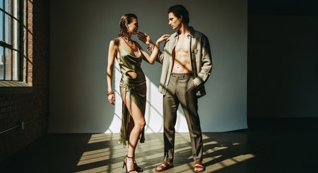 beautiful young couple in suits looking at each other while standing in studioの素材