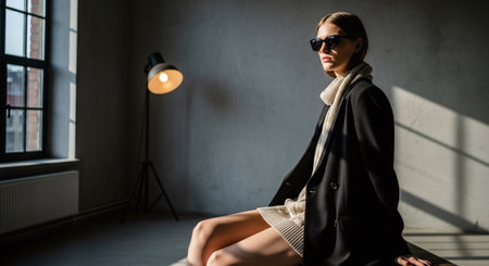 beautiful young woman in black coat and sunglasses sitting on windowsillの素材