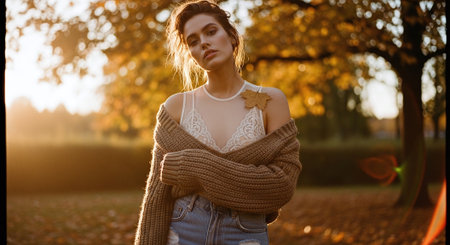Portrait of a beautiful young woman in the autumn park. Beauty, fashion.の素材
