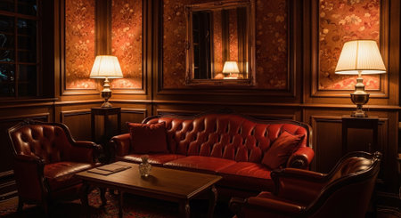 Interior of a hotel room with a red sofa and an armchairの素材
