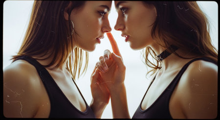 Two young women in black sportswear smoking cigarette on the beachの素材