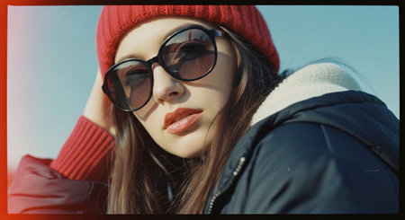 Fashionable young woman in red hat and sunglasses looking at cameraの素材