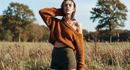 beautiful young woman in sweater and shorts standing in field on autumn dayの素材
