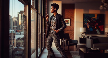 Fashionable african american woman in suit posing near window.の素材