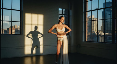 Athletic young woman in beige lingerie posing in the gymの素材