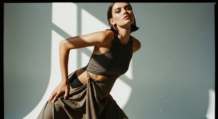 Fashionable beautiful woman in a black dress on a gray backgroundの素材