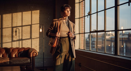 Stylish young woman in a beige coat with a brown handbag in her hands is standing near the window.の素材