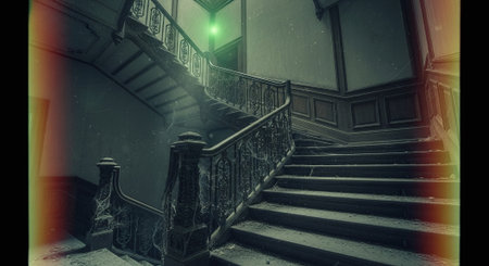 3d rendering of an old staircase in an abandoned building with lights onの素材