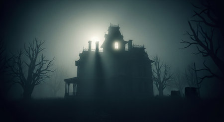 Halloween background with a haunted house in the fog. 3d renderingの素材