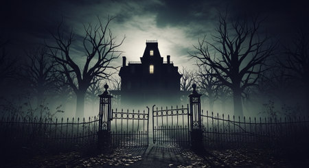 Halloween spooky background with graveyard and haunted house. 3d renderの素材