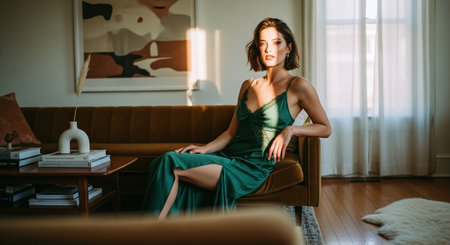 Beautiful young woman in green dress sitting on sofa at home.の素材