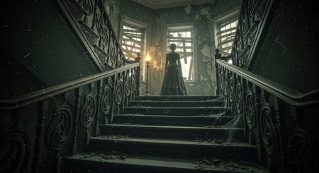 Mysterious old staircase in a dark room. Halloween concept.の素材