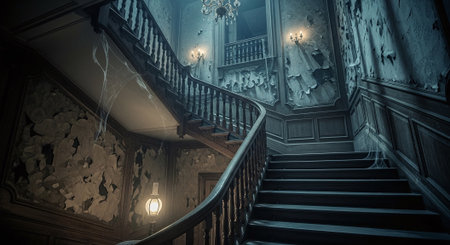 Mysterious dark interior of an old mansion with stairs and lightingの素材