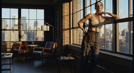 Portrait of a sporty middle aged woman in sportswear standing by the window in a modern office.の素材