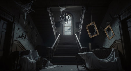 Mysterious Halloween interior. Horror scene. 3D rendering.の素材