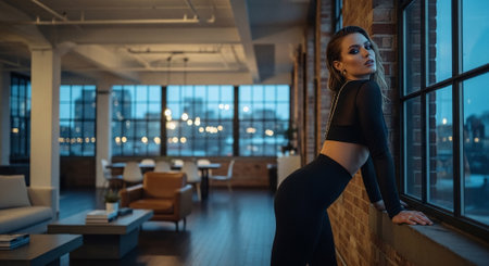 Beautiful young woman in a black bodysuit is standing near the window and smiling.の素材