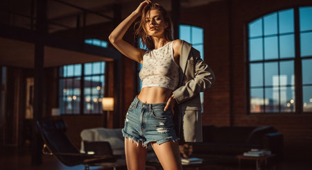 Sexy young woman in jeans shorts and jacket posing in modern office.の素材