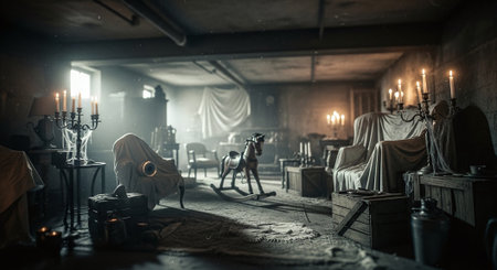 Mysterious dark room with old furniture. Horror Halloween concept.の素材