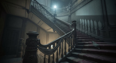 Staircase in an old house in the foggy night.の素材