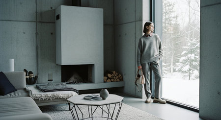attractive man in grey pajamas standing in living room and looking awayの素材