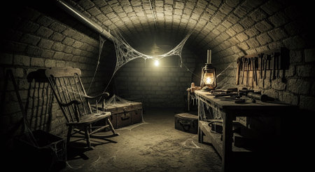 Halloween concept. Horror dark room with table, chair, lamp and cobwebsの素材