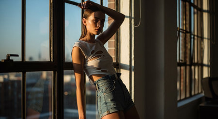Beautiful young woman in jeans shorts and t-shirt standing near the window.の素材