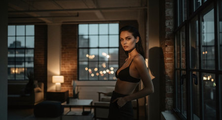 Young beautiful woman in sportswear posing at the window in the morningの素材