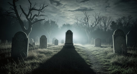 Gravestones in the cemetery at night with fog. Halloween conceptの素材