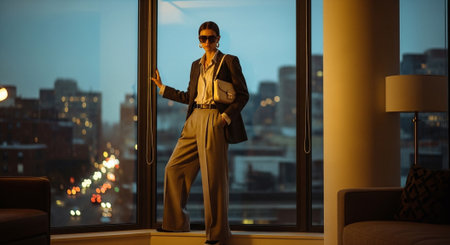 Beautiful business woman in suit and sunglasses standing near the window at nightの素材