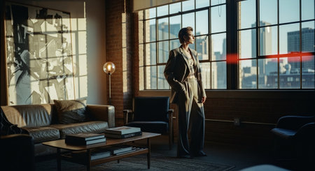 Attractive businesswoman in elegant suit standing in modern office and looking awayの素材