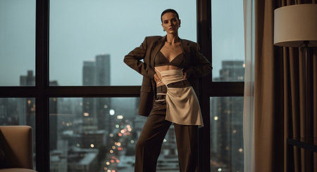 Fashionable woman in a stylish beige suit posing near the window.の素材