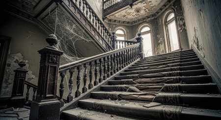 Halloween scene with cobwebs and old stairs in abandoned buildingの素材