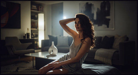 Beautiful young woman sitting on the bed at home in the eveningの素材