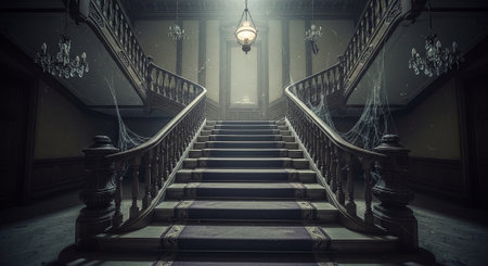 3d rendering of an old staircase in a dark room with a lampの素材