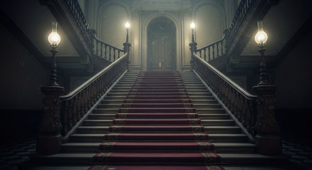 Staircase with red carpet in the old castle. 3D renderingの素材
