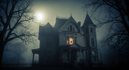 Old haunted house in a foggy night. 3d rendering.の素材