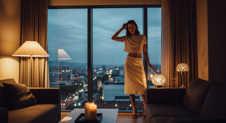 Beautiful woman in evening dress standing by the window at night.の素材