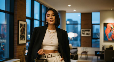 Beautiful Asian woman wearing black jacket and white pants with handbag in modern interiorの素材