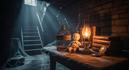 Halloween concept. Old fashioned lamp on wooden table. Horror Halloween concept.の素材