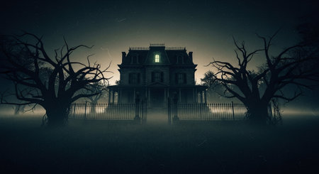 Halloween background with haunted house and old tree. 3d renderingの素材